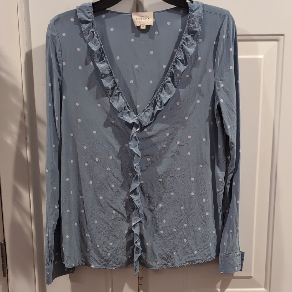 Sezane Light Blue Polka Dot Ruffle Blouse